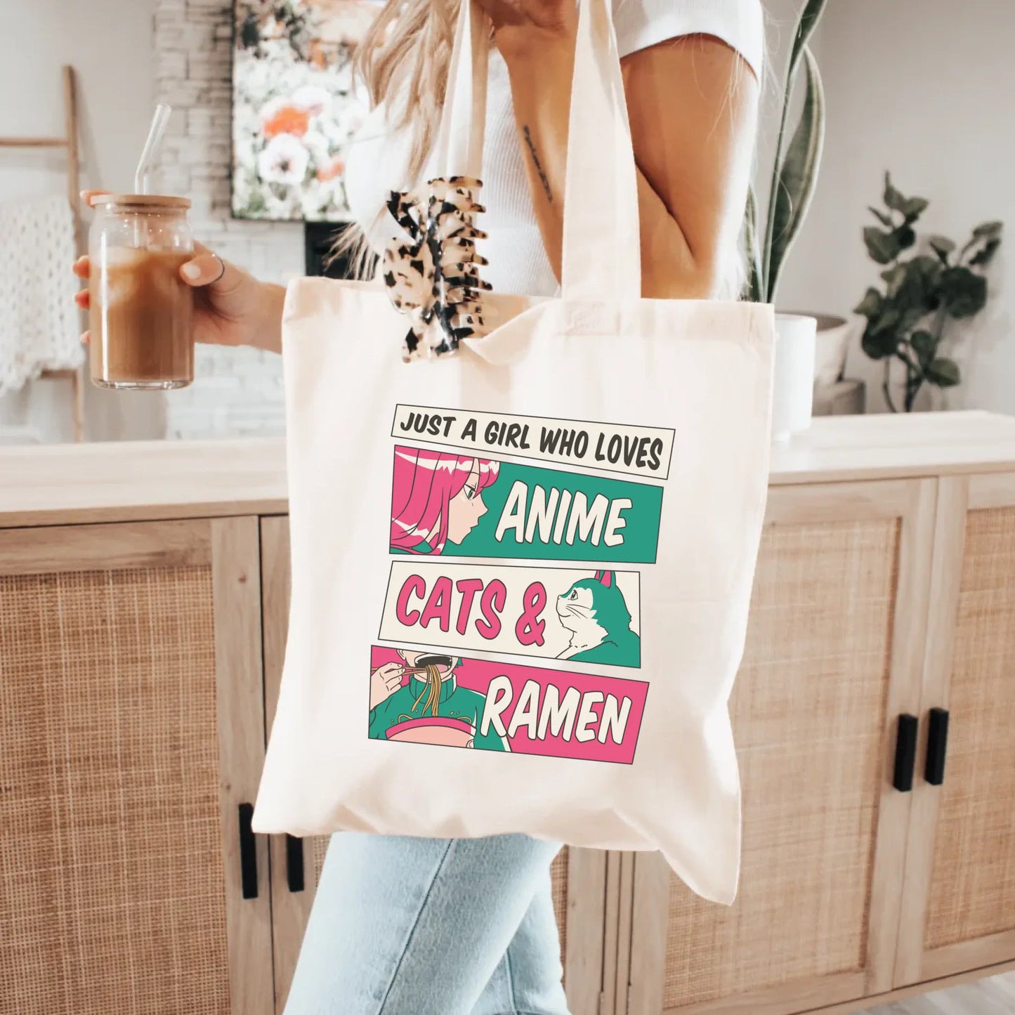 Bolsa de tela de algodón - Just a girl who love anime, cats & ramen - Regalo para amantes de los gatos y la cultura japonesa