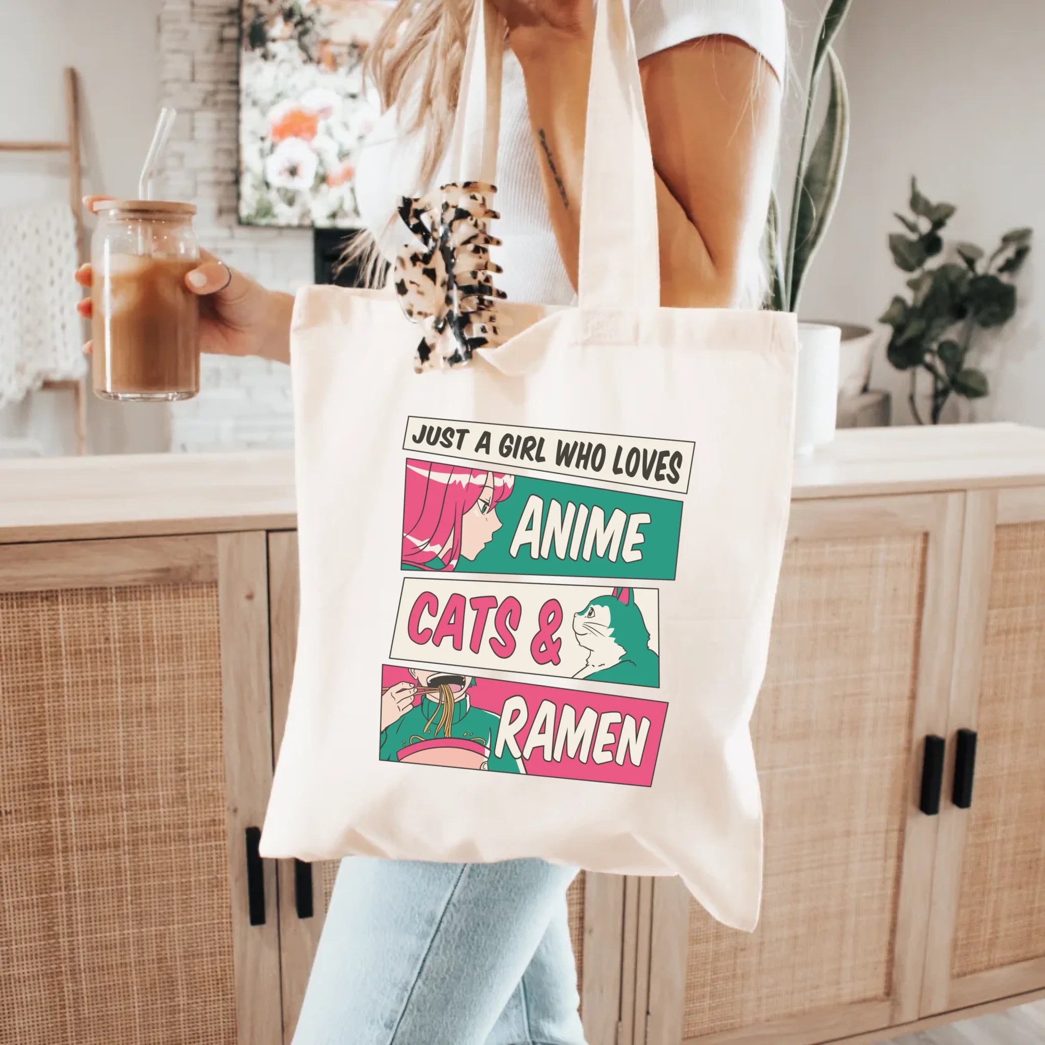 Bolsa de tela de algodón - Just a girl who love anime, cats & ramen - Regalo para amantes de los gatos y la cultura japonesa