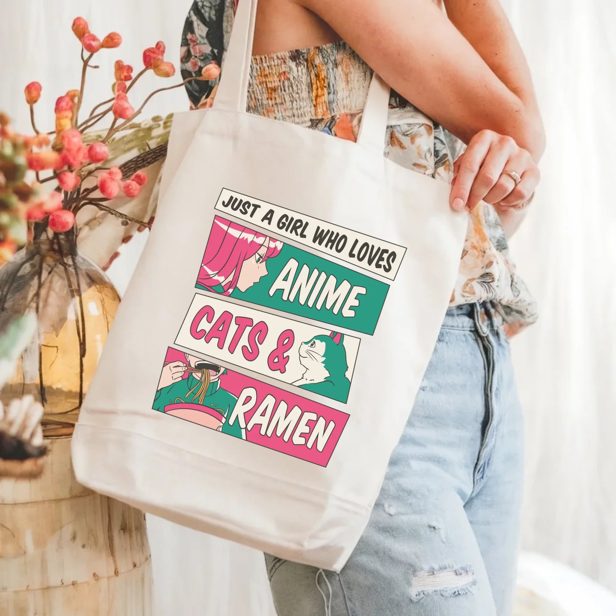 Bolsa de tela de algodón - Just a girl who love anime, cats & ramen - Regalo para amantes de los gatos y la cultura japonesa