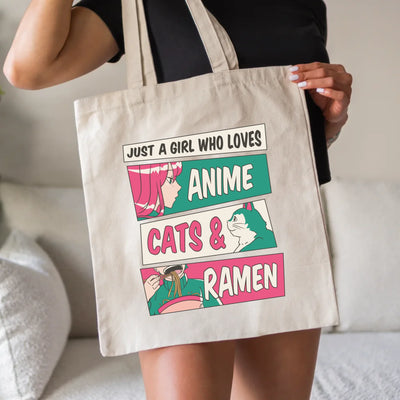 Bolsa de tela de algodón - Just a girl who love anime, cats & ramen - Regalo para amantes de los gatos y la cultura japonesa