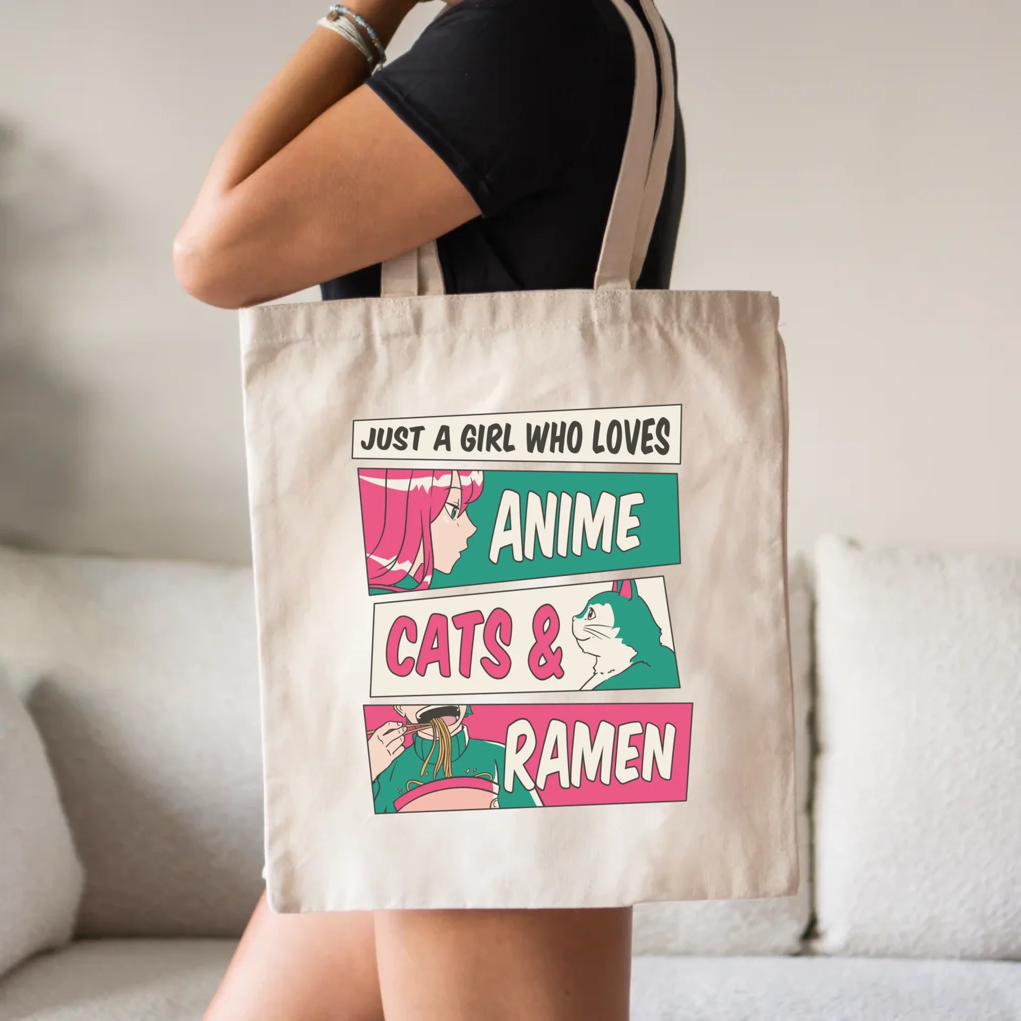 Bolsa de tela de algodón - Just a girl who love anime, cats & ramen - Regalo para amantes de los gatos y la cultura japonesa